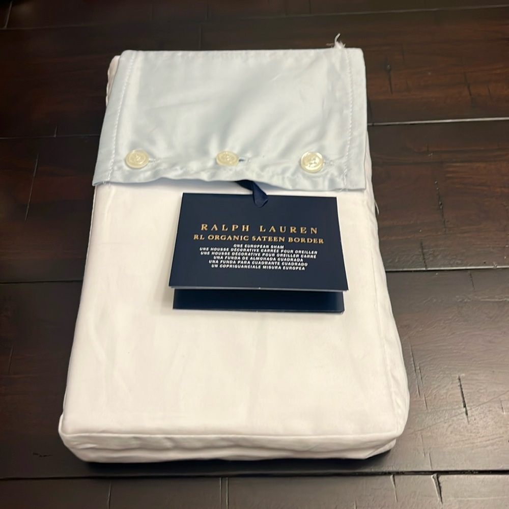 Ralph Lauren RL Organic Sateen Border European Euro Pillow Sham Blue Hyacinth